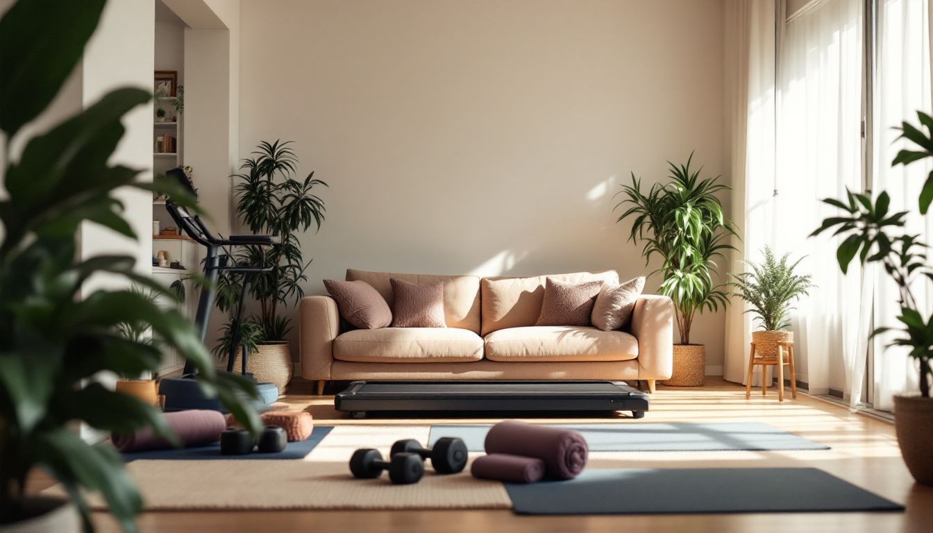 A well-lit living room with a home fitness setup and plants.