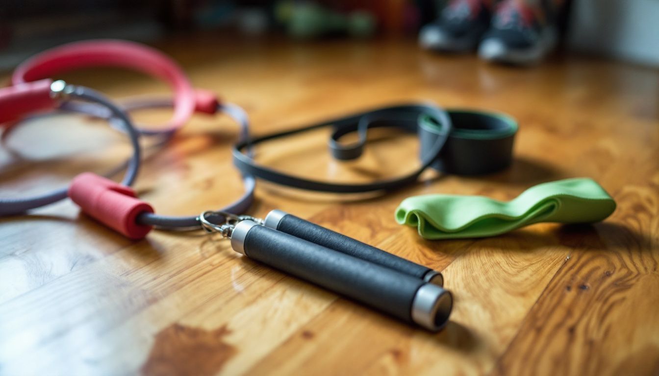 Affordable jump ropes and resistance bands on a home gym floor.