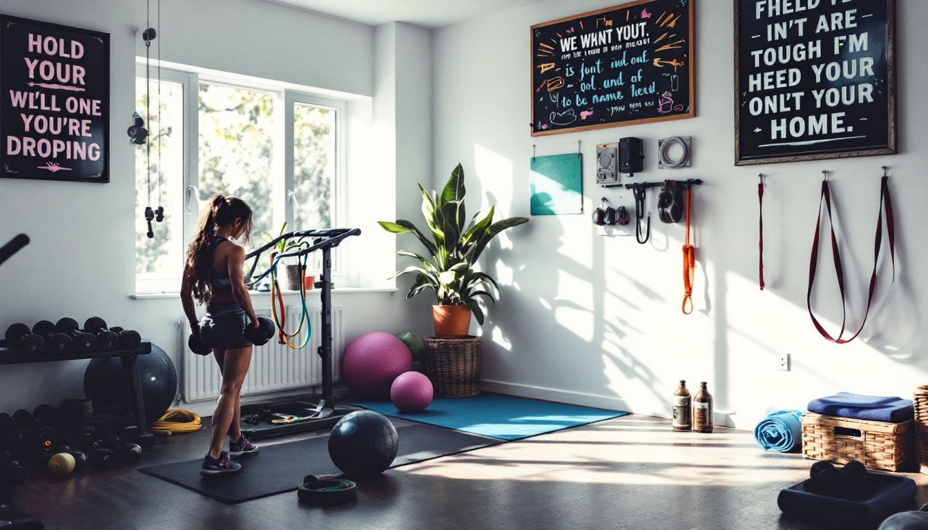 A well-equipped home gym with motivational decor and various fitness equipment.