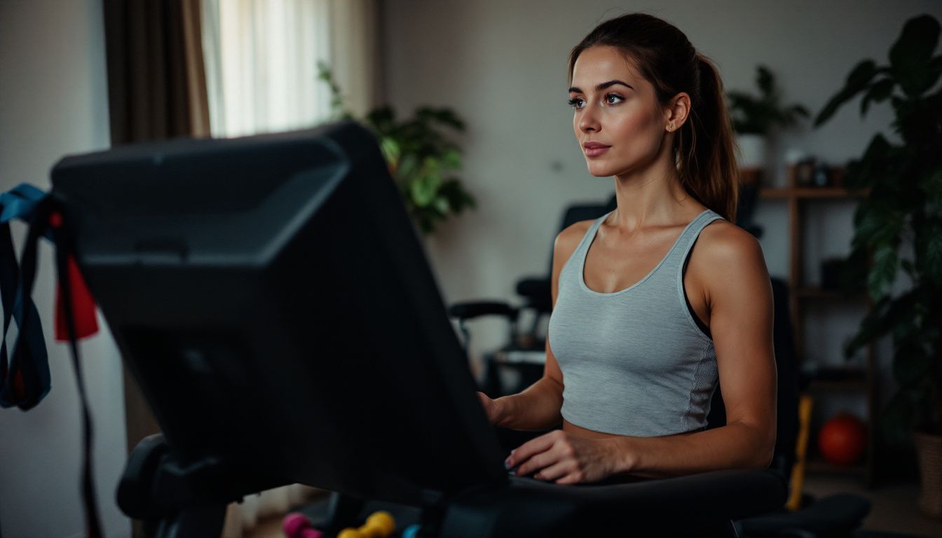 A woman in her 30s is exercising at home surrounded by fitness equipment.
