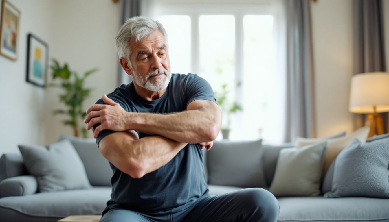 A middle-aged man practices stretching exercises in a tidy living room.