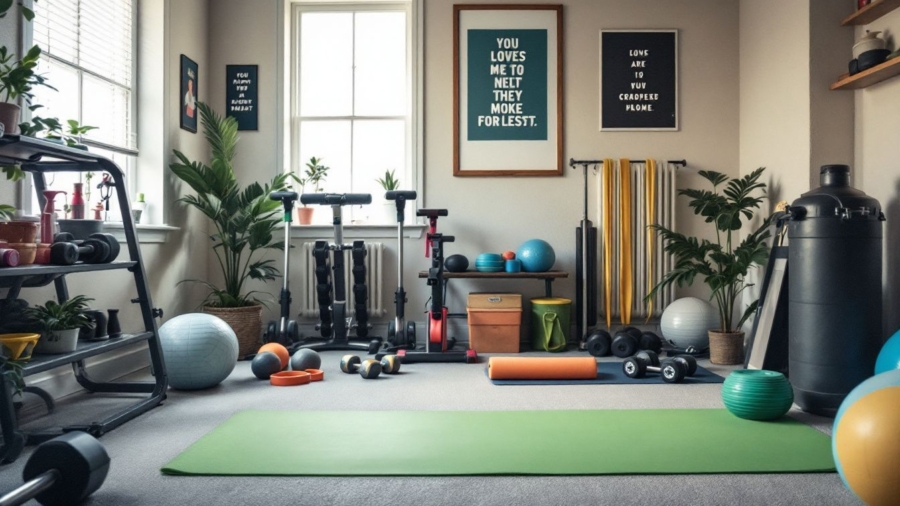 A tidy home gym with fitness equipment and motivational posters.