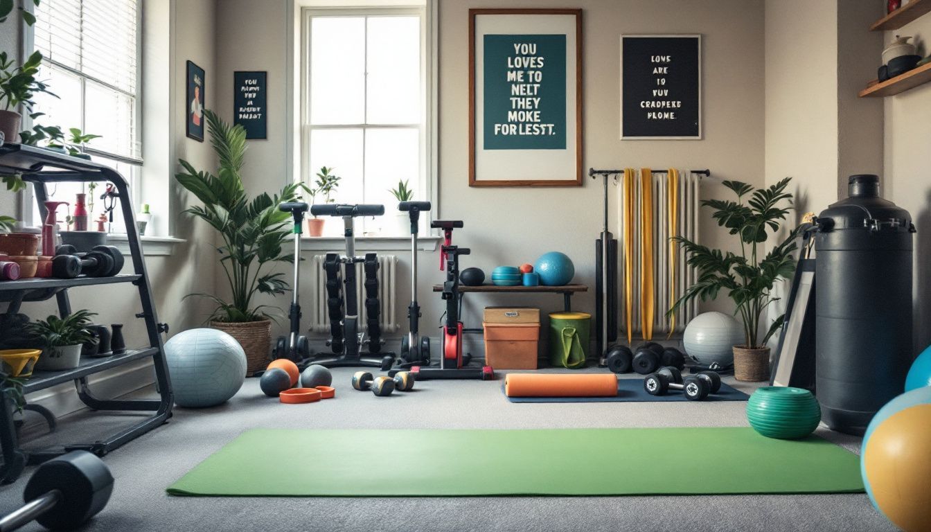 A tidy home gym with fitness equipment and motivational posters.