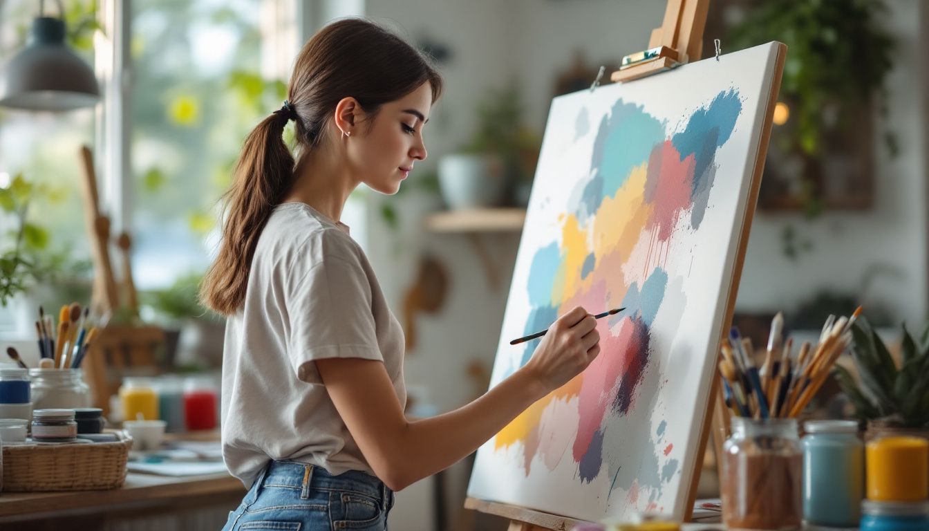 A young woman painting abstract art in a cozy studio.