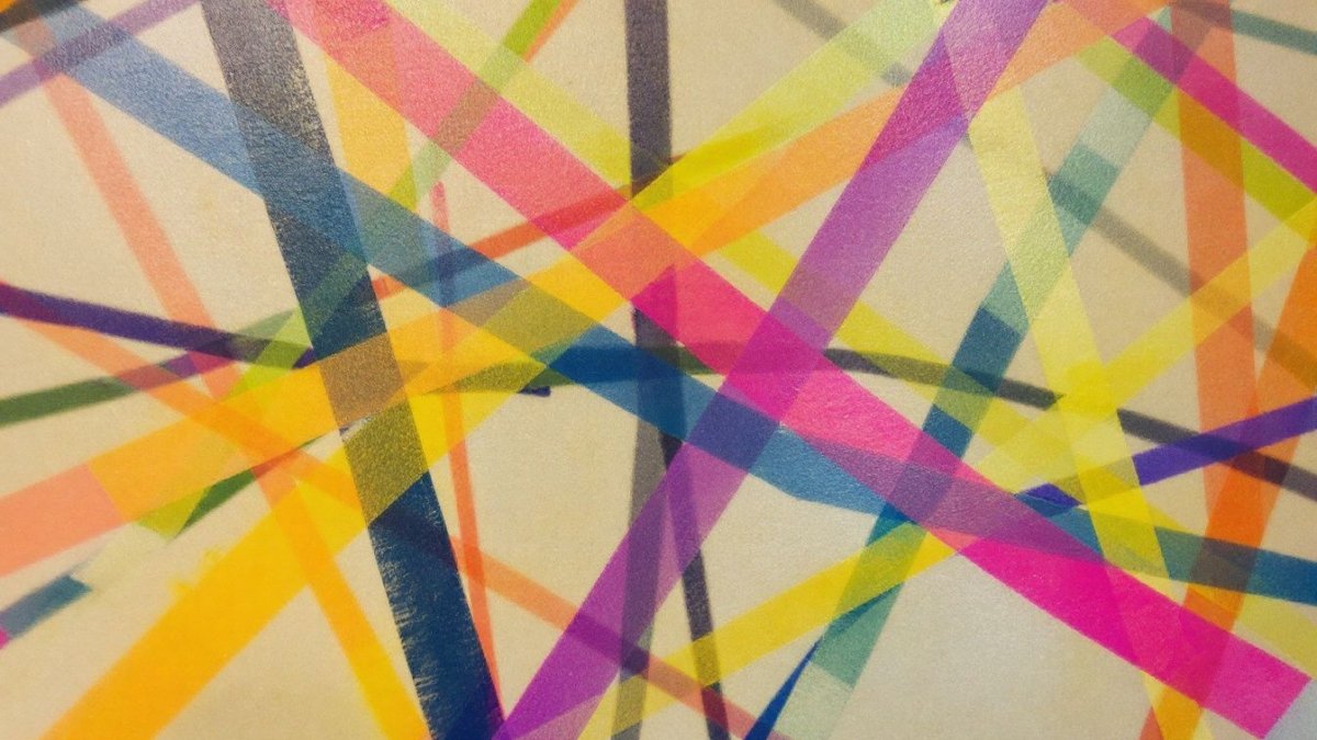 An abstract composition of intersecting lines in various shapes and colors.