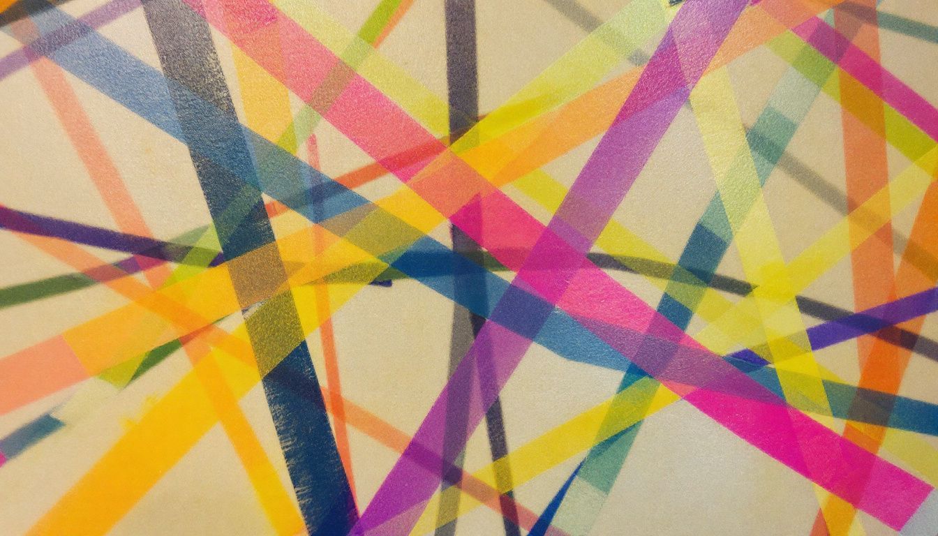 An abstract composition of intersecting lines in various shapes and colors.