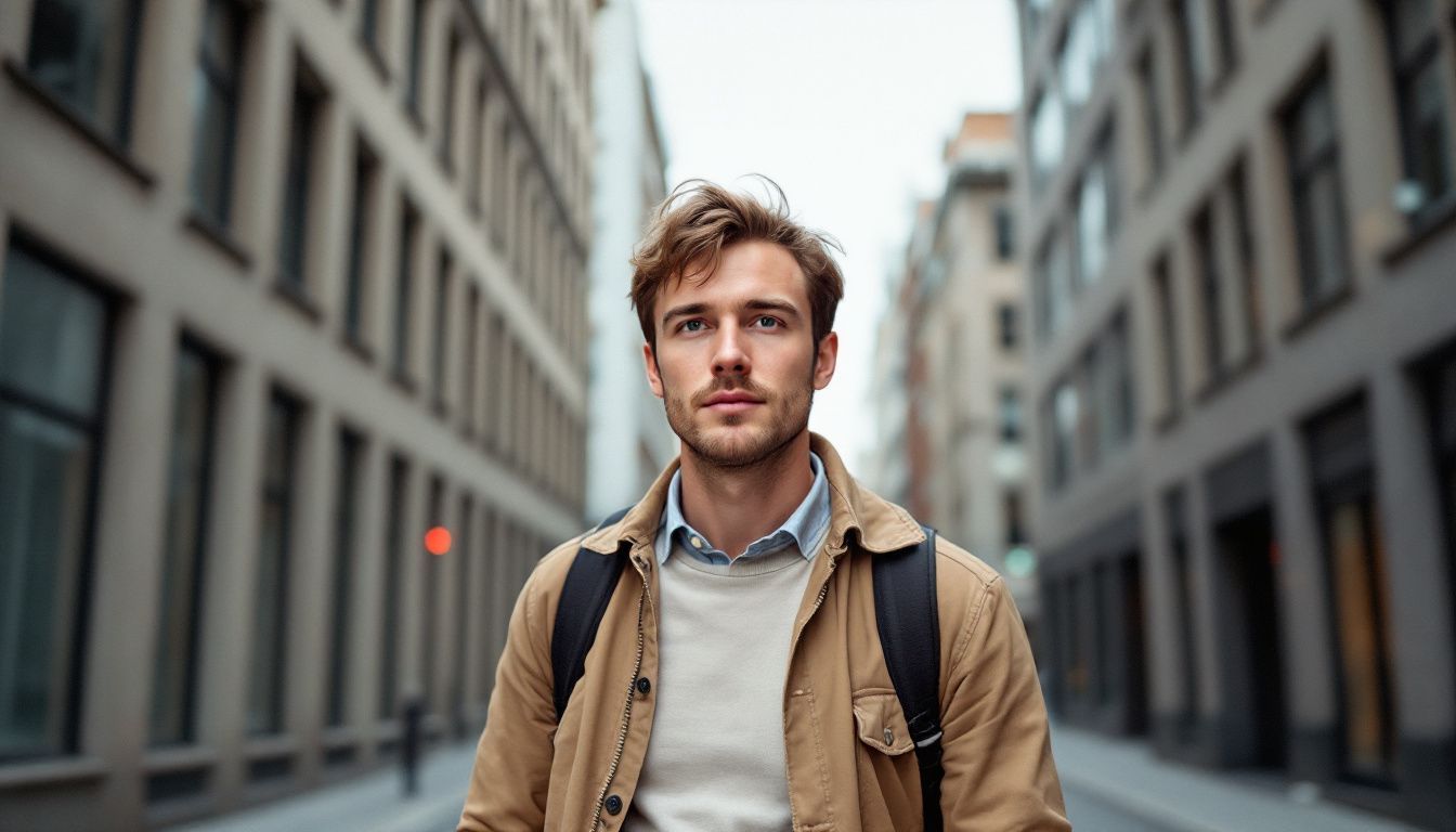 A man walks down a city street with tall buildings.
