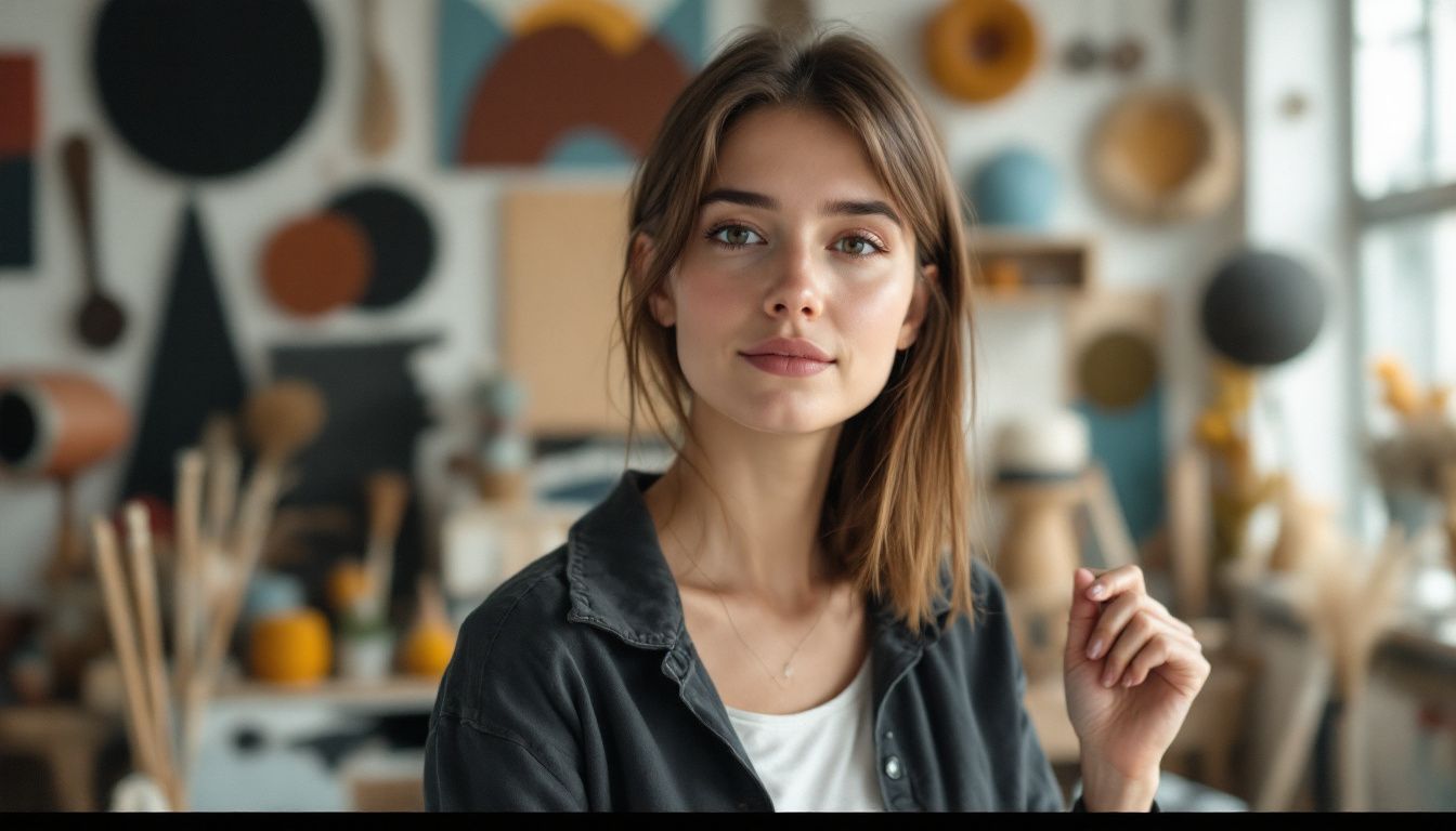 A woman in her thirties casually explores a creative art studio.