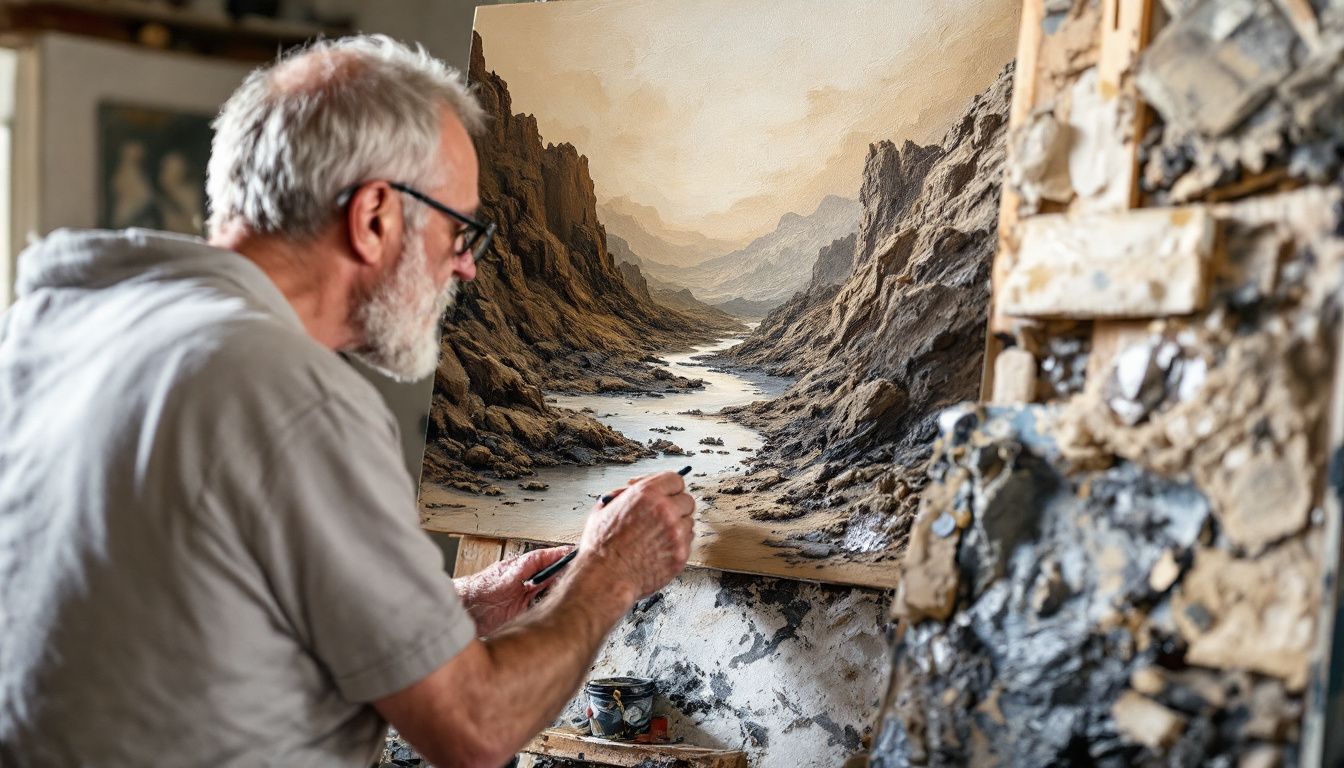 Middle-aged artist painting rugged, chaotic landscape with thick, textured paint.