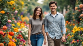 A young couple walking in a colorful, post-impressionist-style garden.