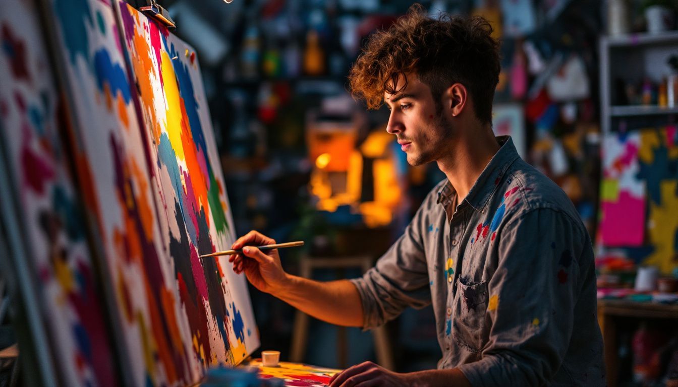 A young artist paints on a large canvas in a cluttered studio.