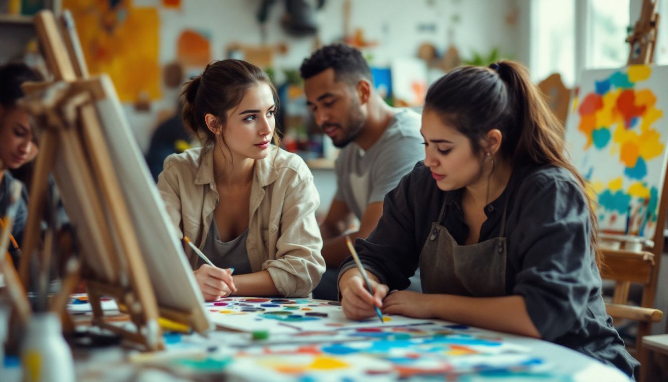 Group of young artists collaborating in a lively studio on Post-Impressionism.