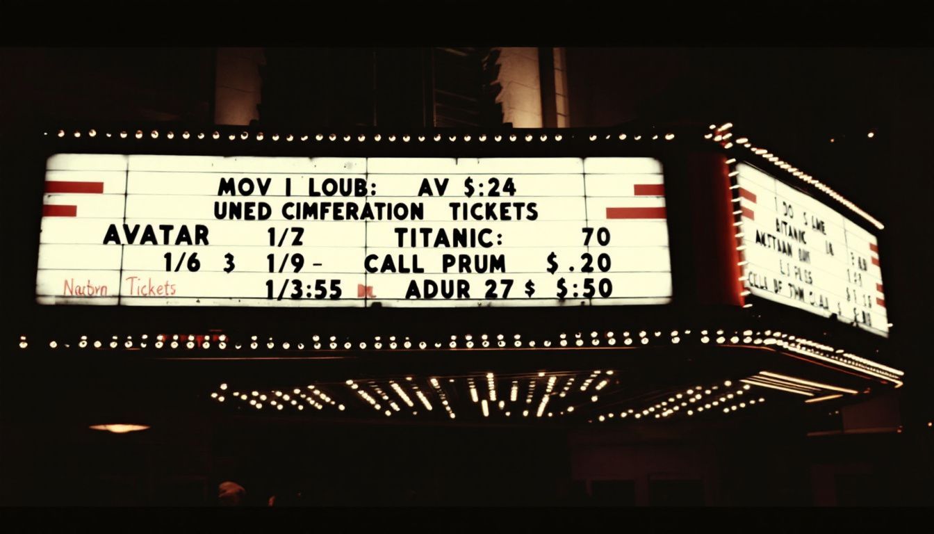 Old movie theater marquee showcasing 'Avatar' and 'Titanic' with adjusted ticket prices.
