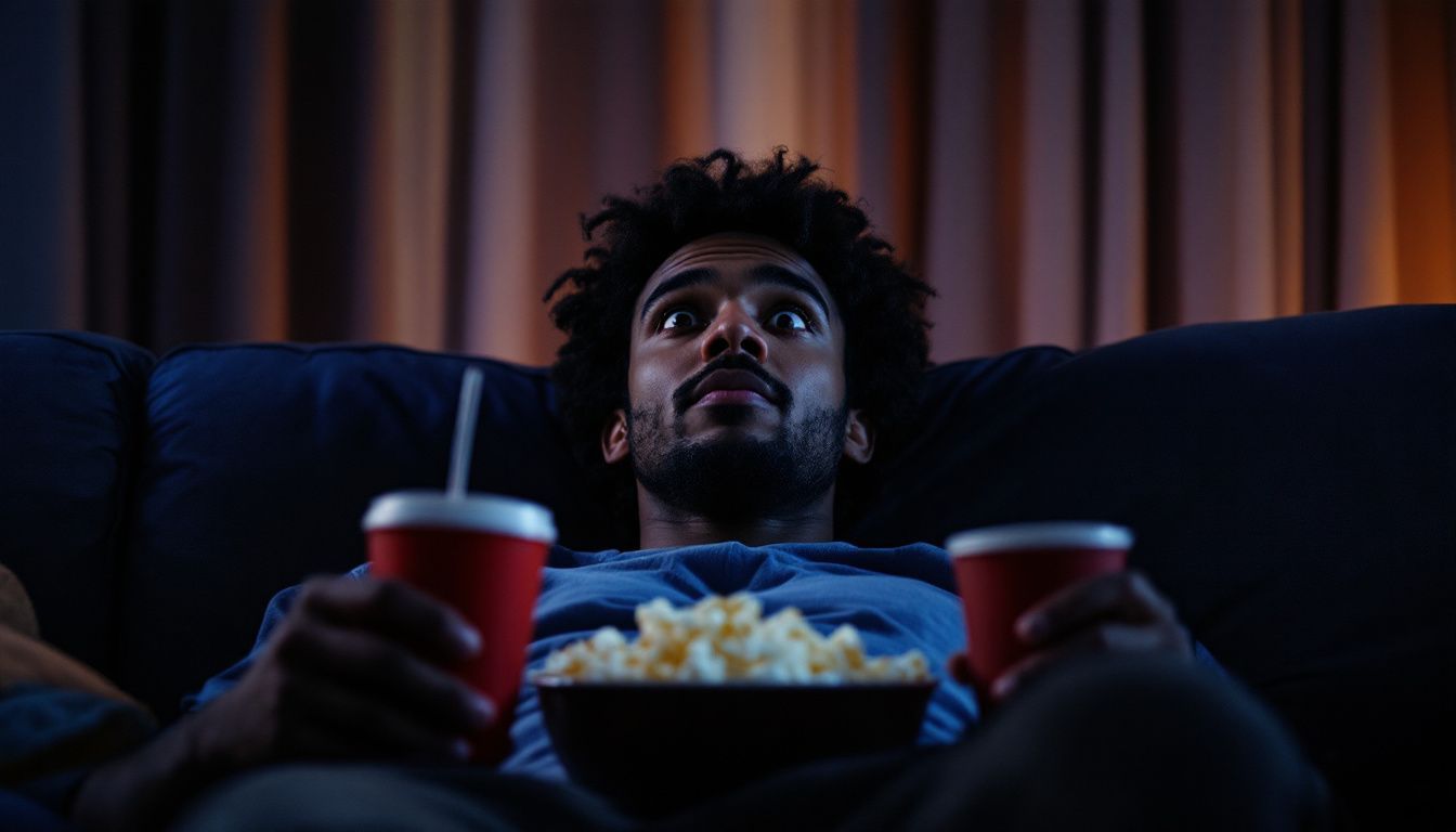 A person enjoying a movie with popcorn and soda on a couch.