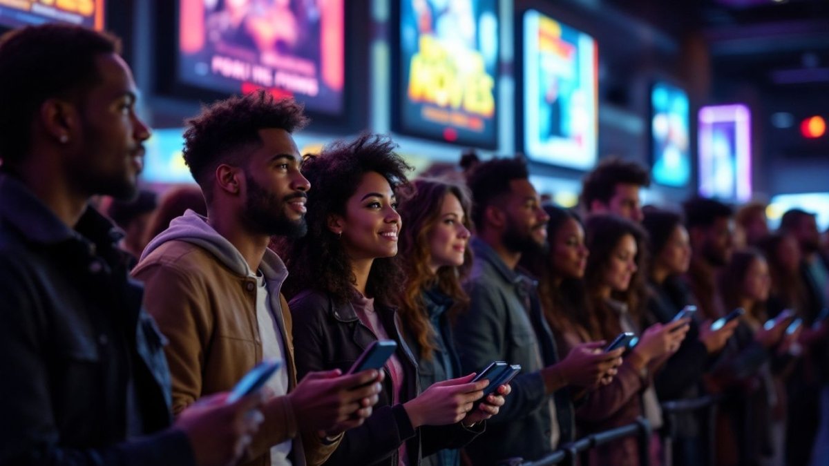 A diverse group of people eagerly wait in line for a movie premiere.