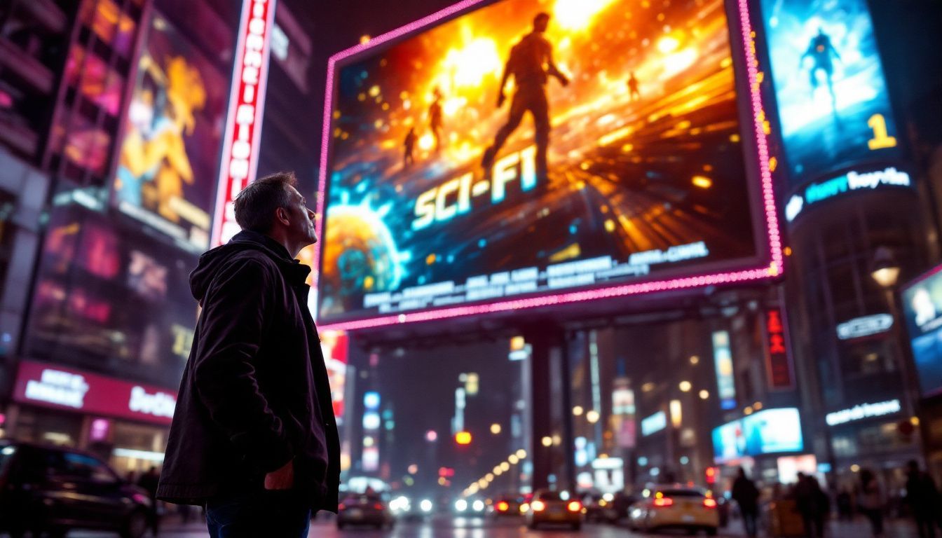 A movie executive looks at a futuristic sci-fi movie billboard in the city.