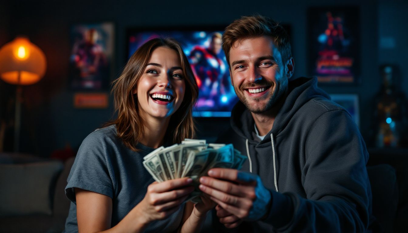 A couple enthusiastically counts cash in a home theater surrounded by Avengers memorabilia.