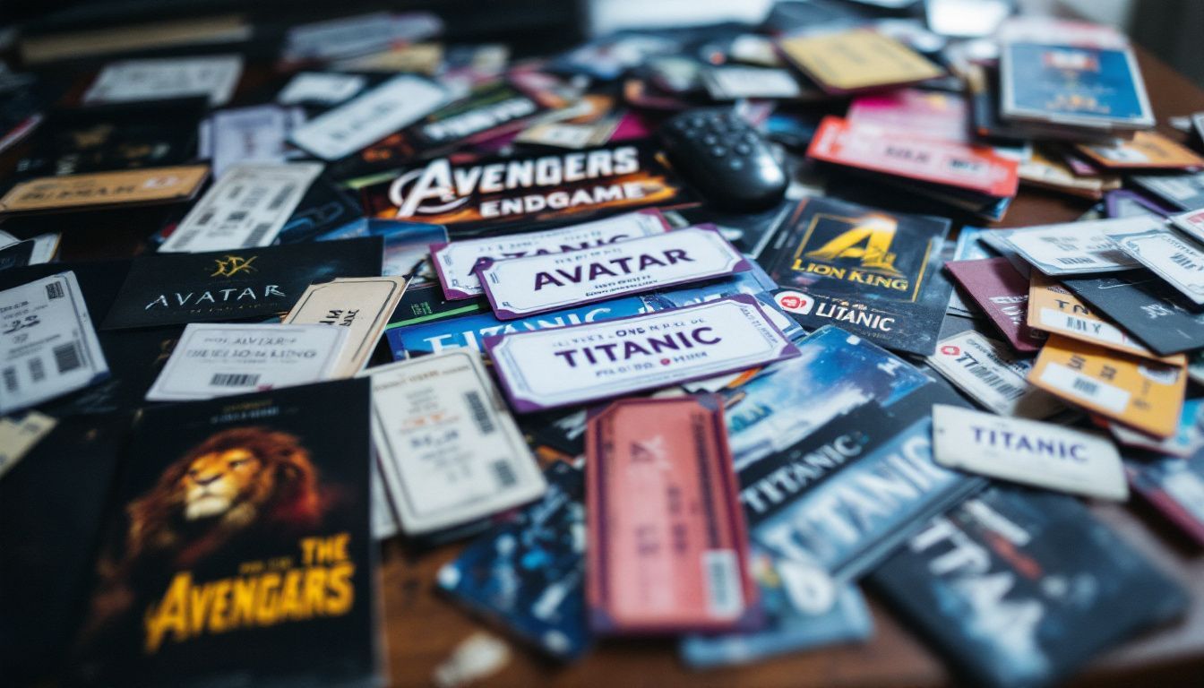 A cluttered desk with movie tickets highlights the importance of ticket sales.