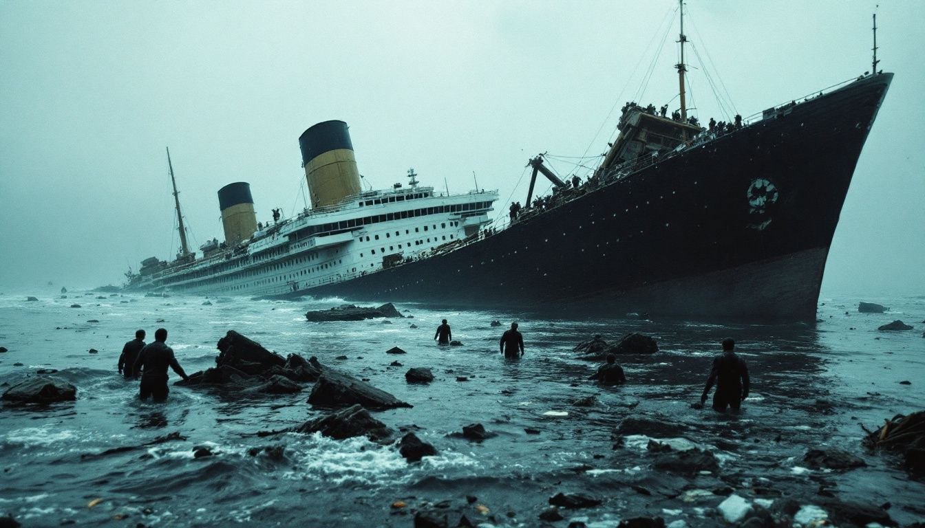 A large ship sinking in the ocean with distressed survivors.