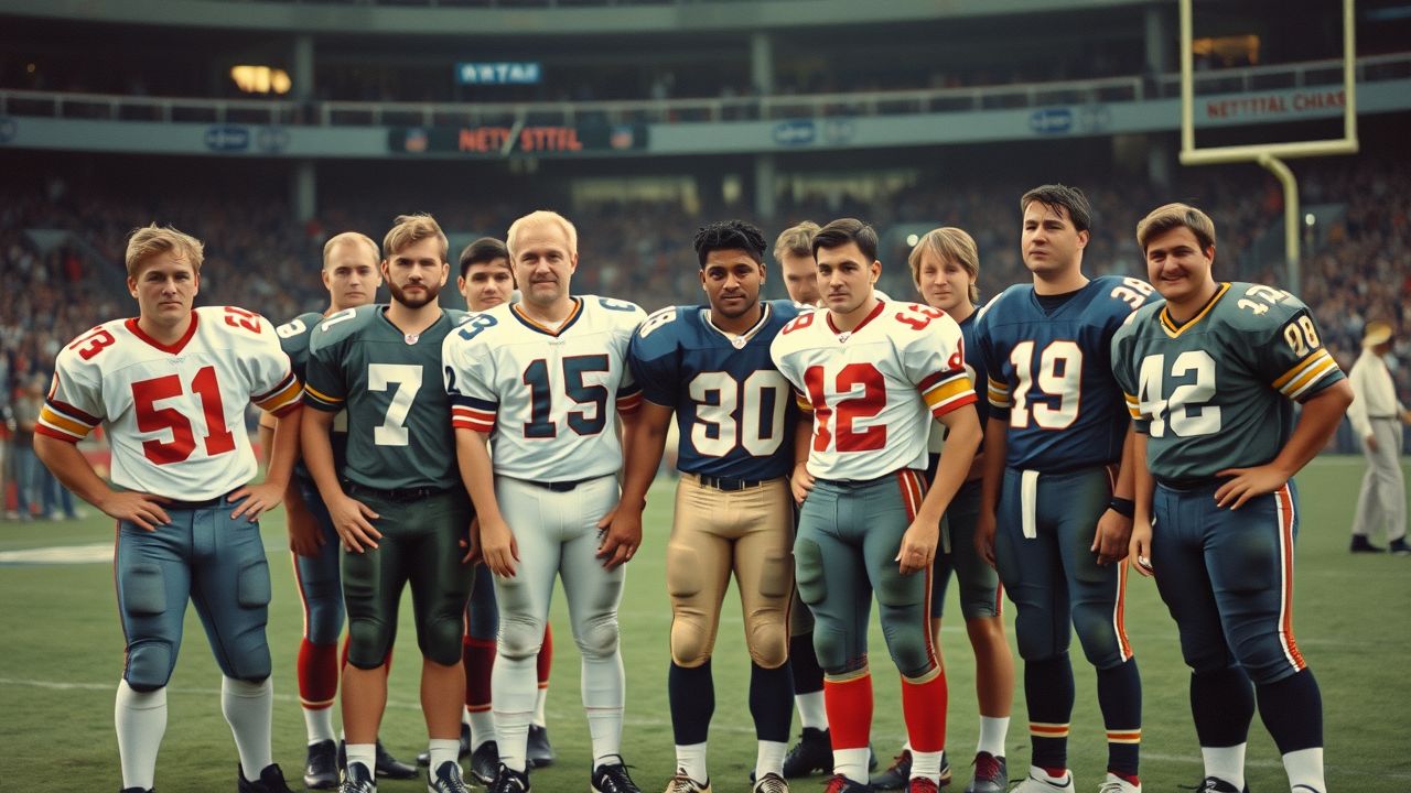 Diverse football players celebrating AFL and NFL merger in vintage jerseys.