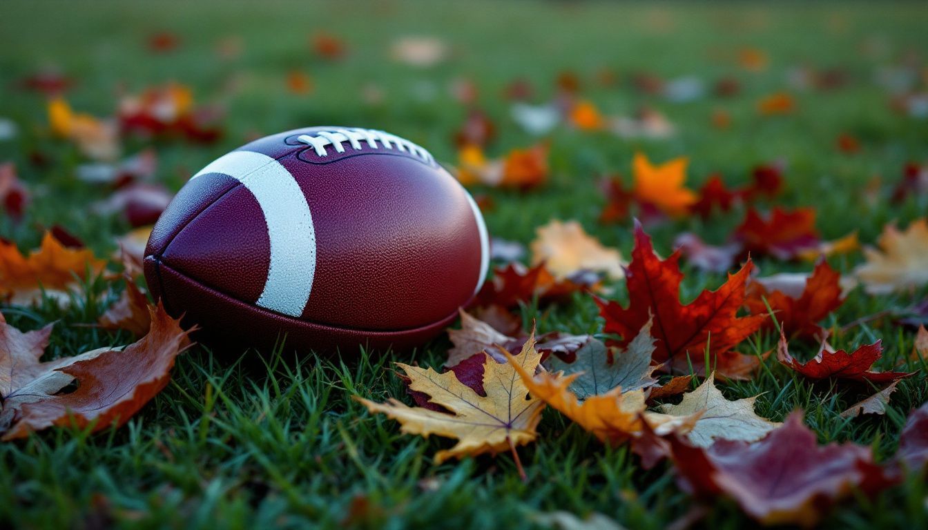 A worn leather football rests on a grassy field surrounded by autumn leaves.