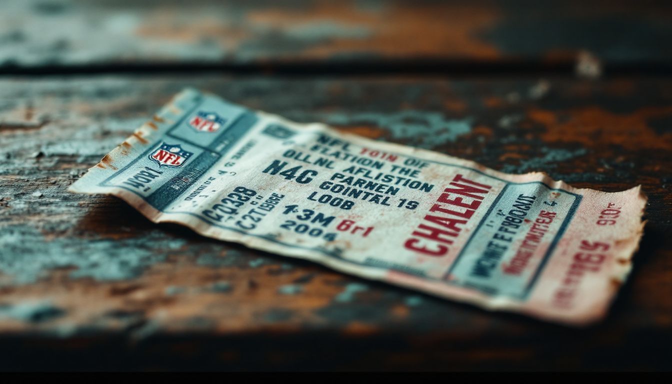 A faded NFL game ticket stub on a weathered wooden table.