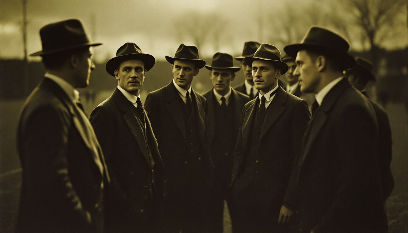 A group of 1920s-dressed men discussing football strategies on a vintage field.