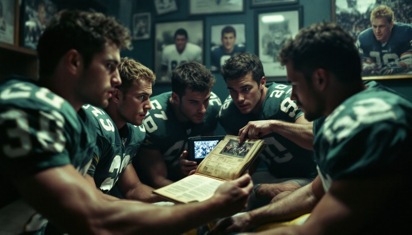 A group of young football players studying game footage and playbook.