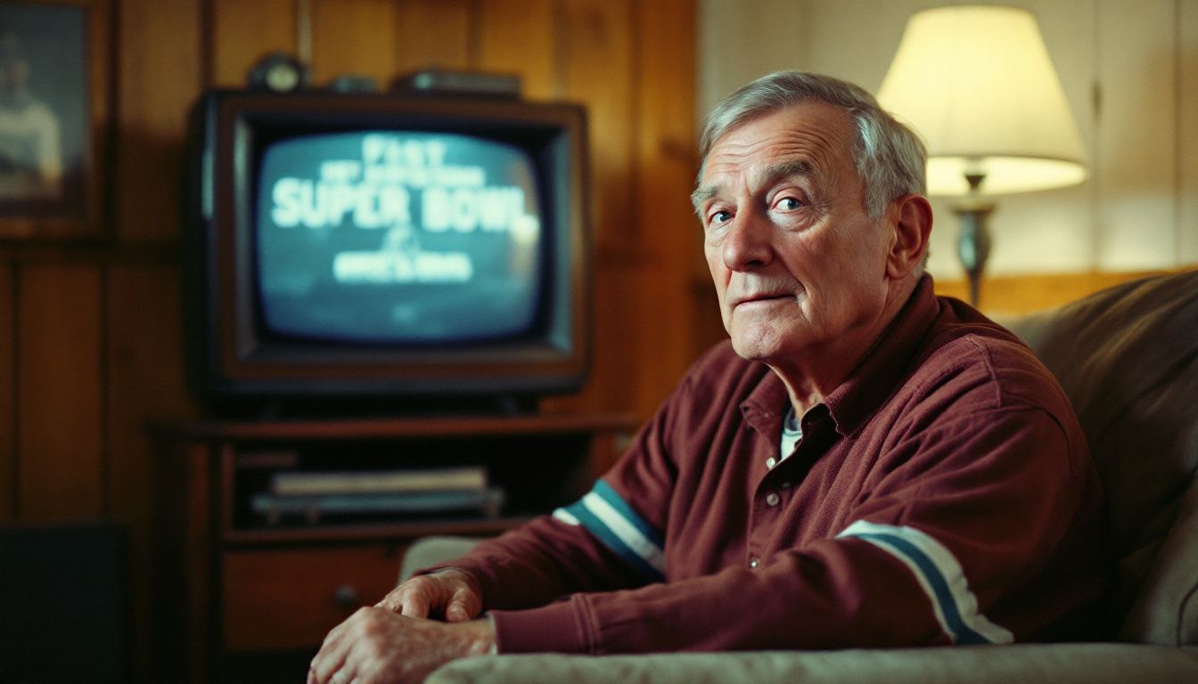 An older man in retro football gear watches the first Super Bowl.