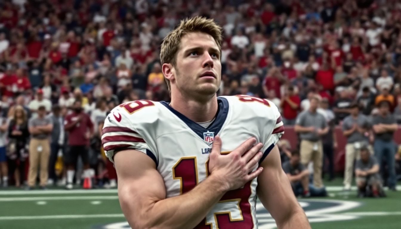 An NFL player kneels during the national anthem in a stadium.