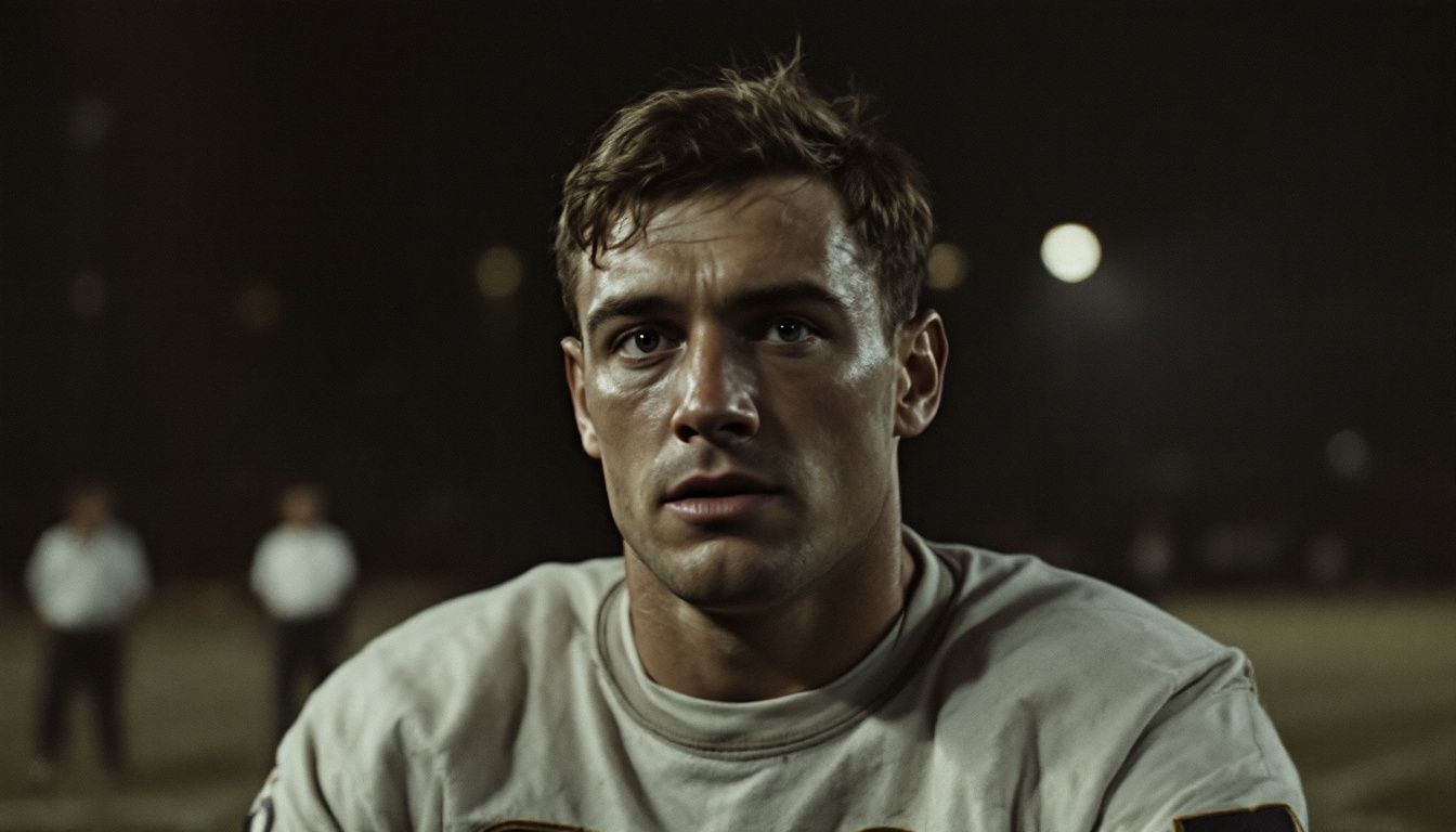 An NFL athlete in action at a dimly lit football field.
