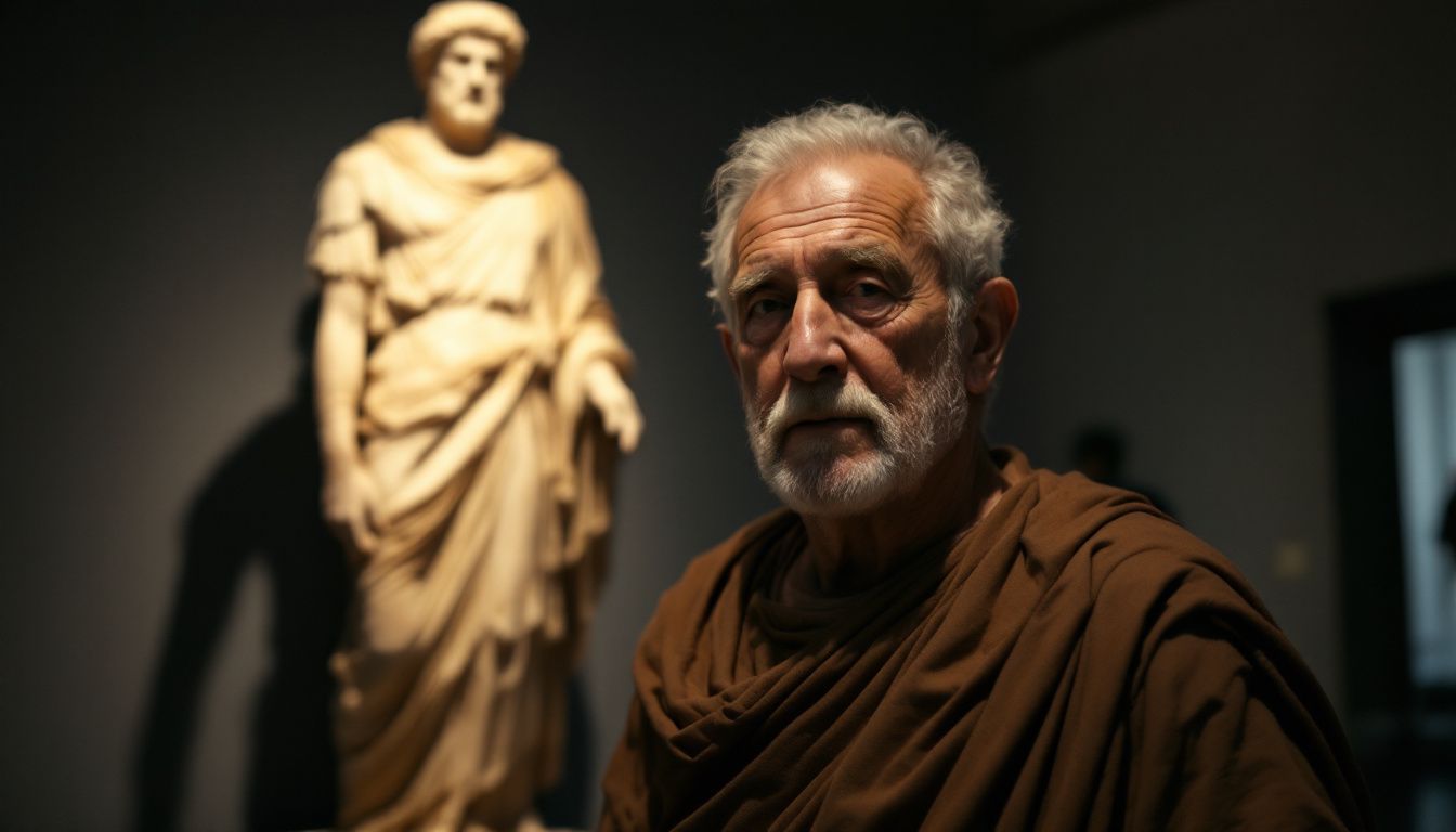 An elderly man in Roman attire standing next to a marble statue.
