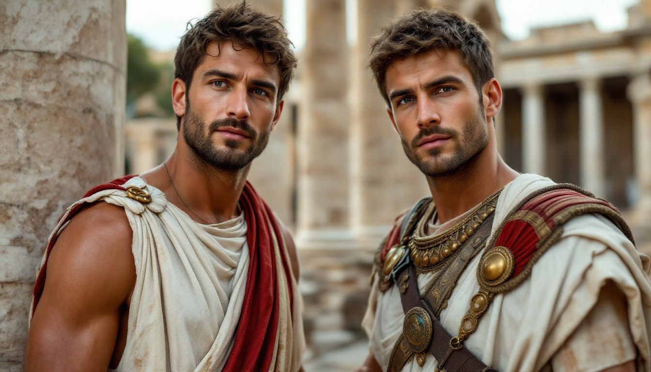 Two men in historical Roman attire representing leadership styles.