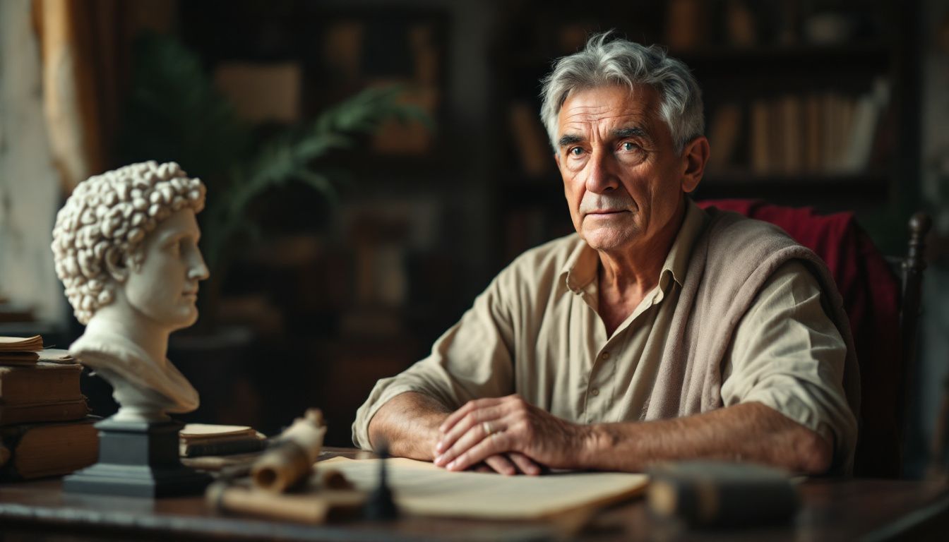 An elderly man sitting in cluttered study with books and scrolls.
