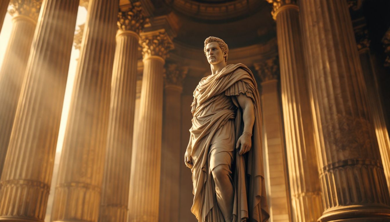 A marble statue of a Roman emperor in a grand temple.