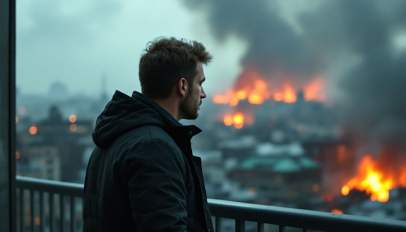 A man looks out over a city in flames with a serious expression.