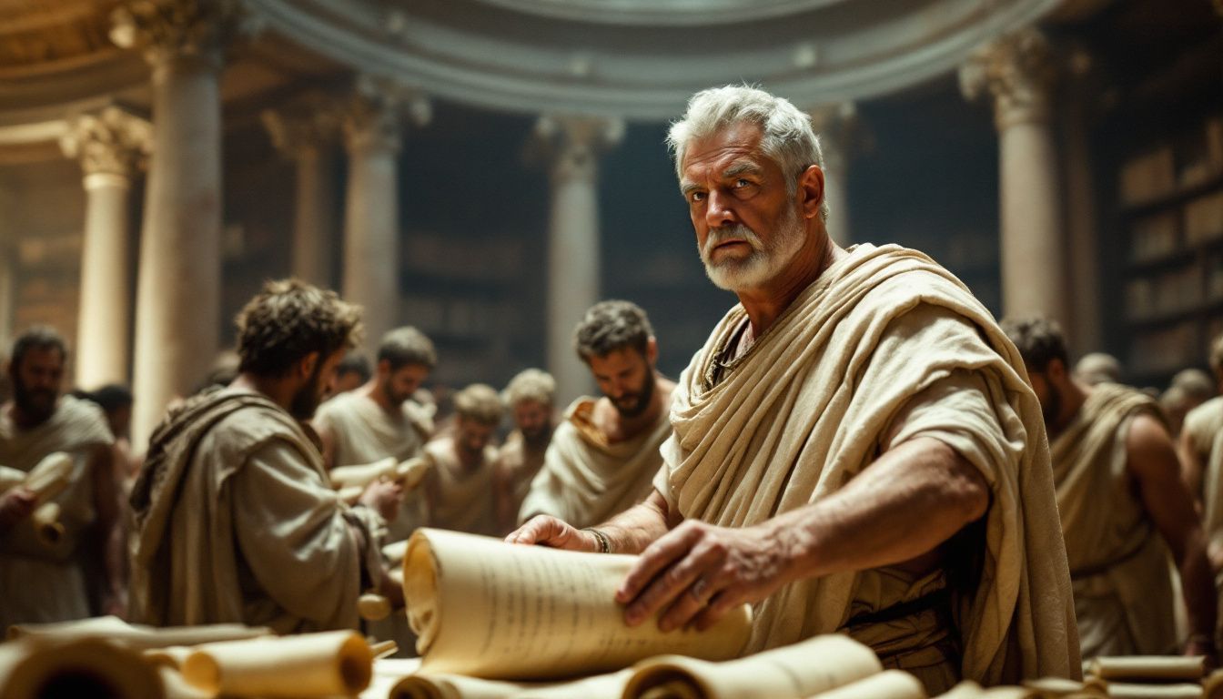 An elderly man dressed in Roman attire supervises a library.