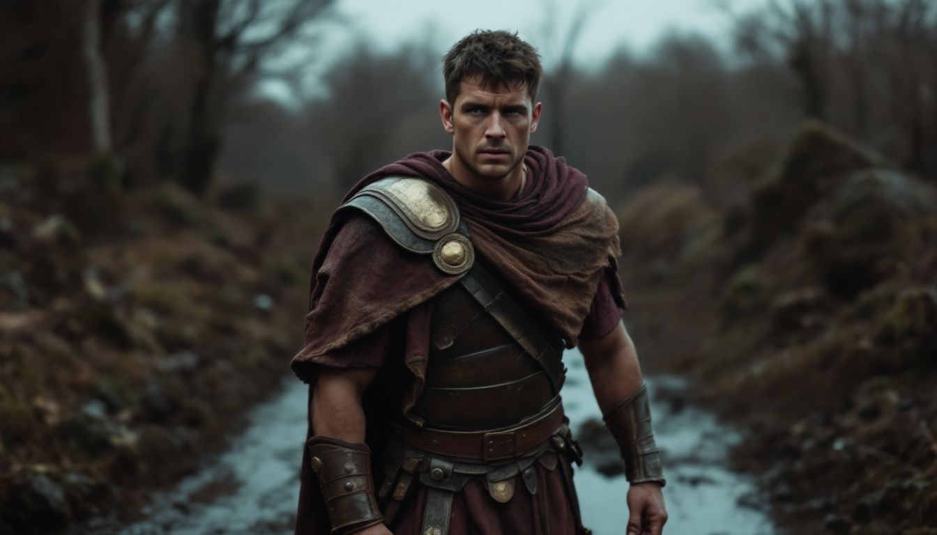 A Roman soldier in worn-out armor walks through a muddy area.