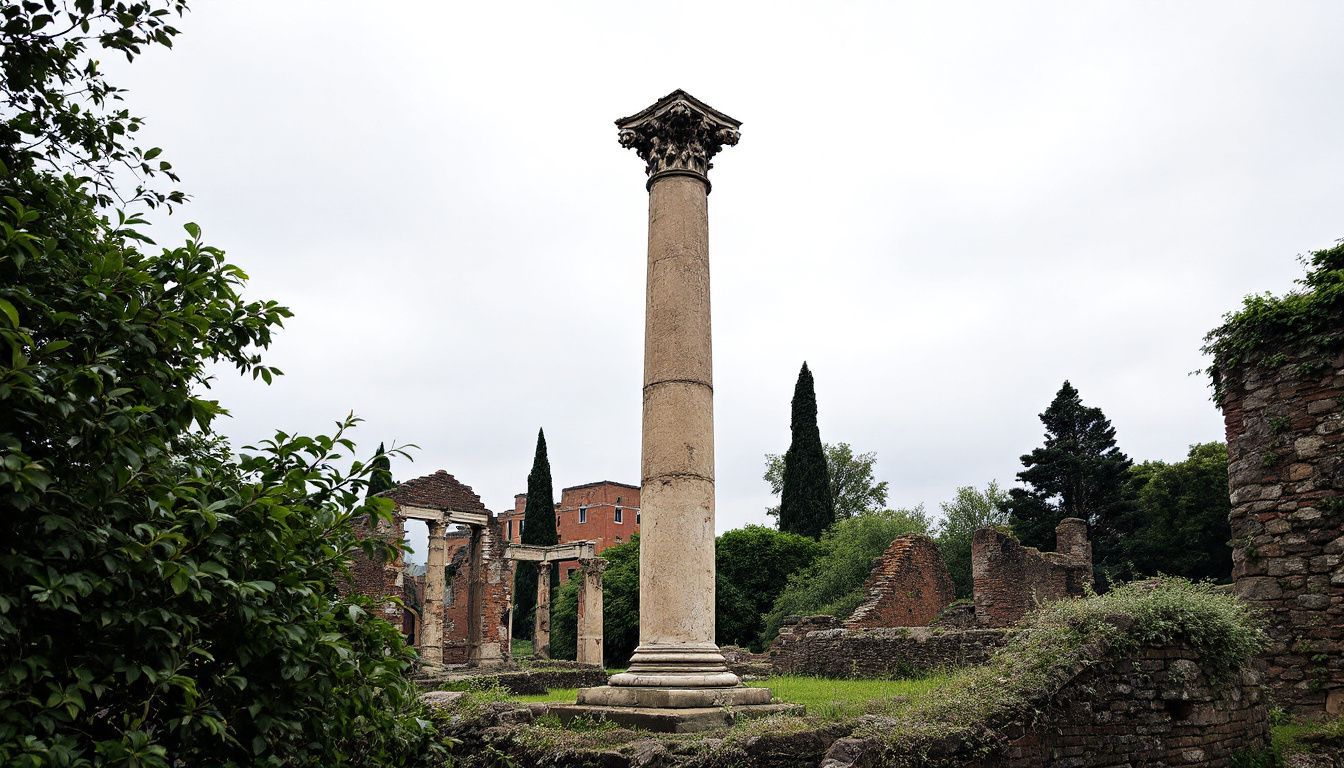 An ancient Roman pillar stands among crumbling ruins and overgrown greenery.