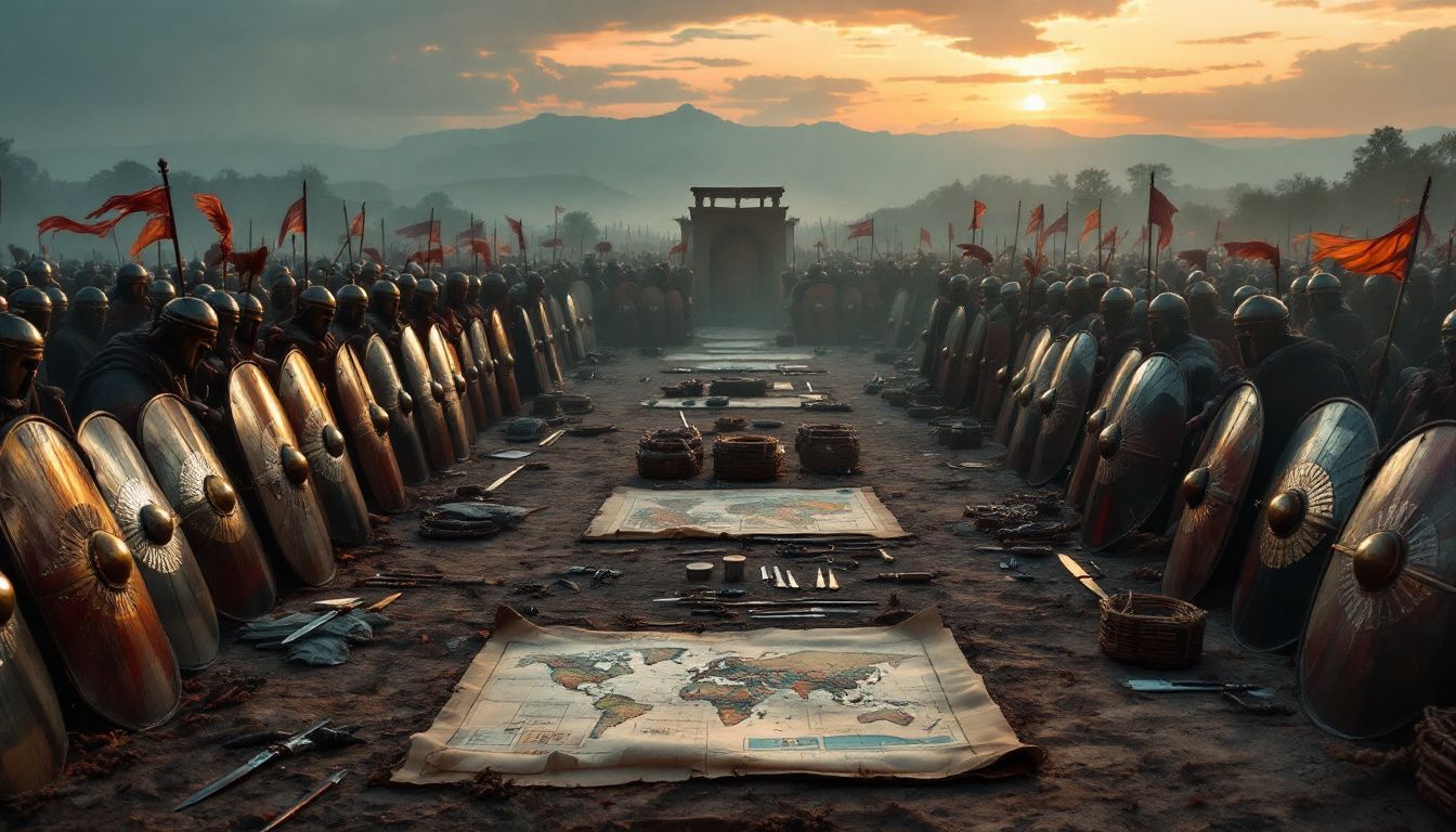 An ancient Roman military camp with battle formations and equipment.
