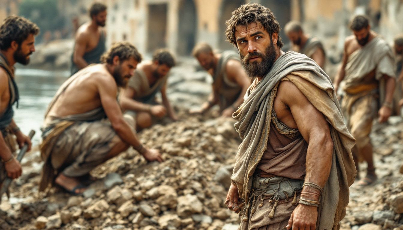 A group of men in ancient Roman clothing construct a road.