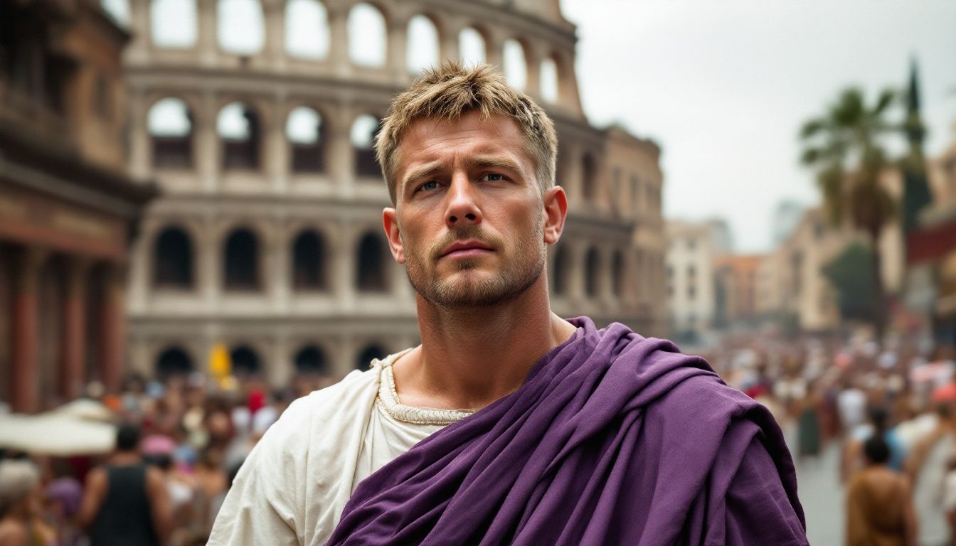 A man dressed as a Roman senator stands in front of the Colosseum.