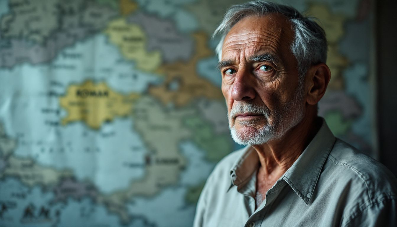 Elderly man standing in front of a map showing Roman territories.