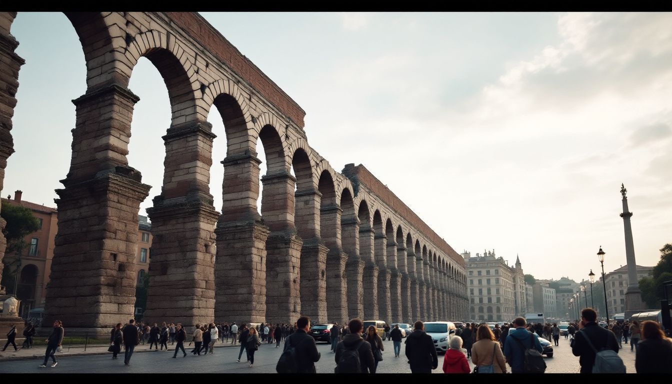 An ancient Roman aqueduct stands prominently in a modern city.