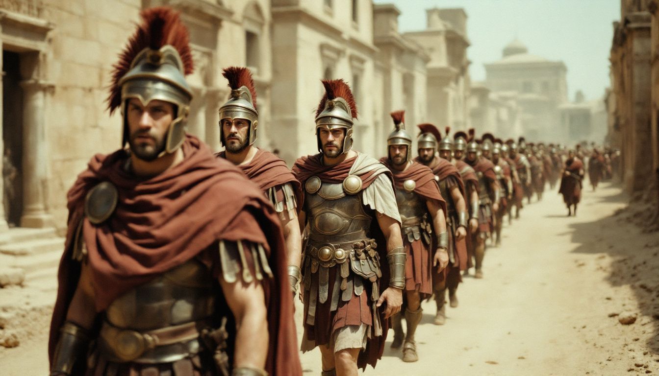 Roman soldiers marching along a dusty road with ancient buildings in background.