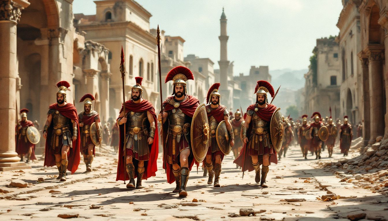 Roman soldiers march through ancient city after successful battle.