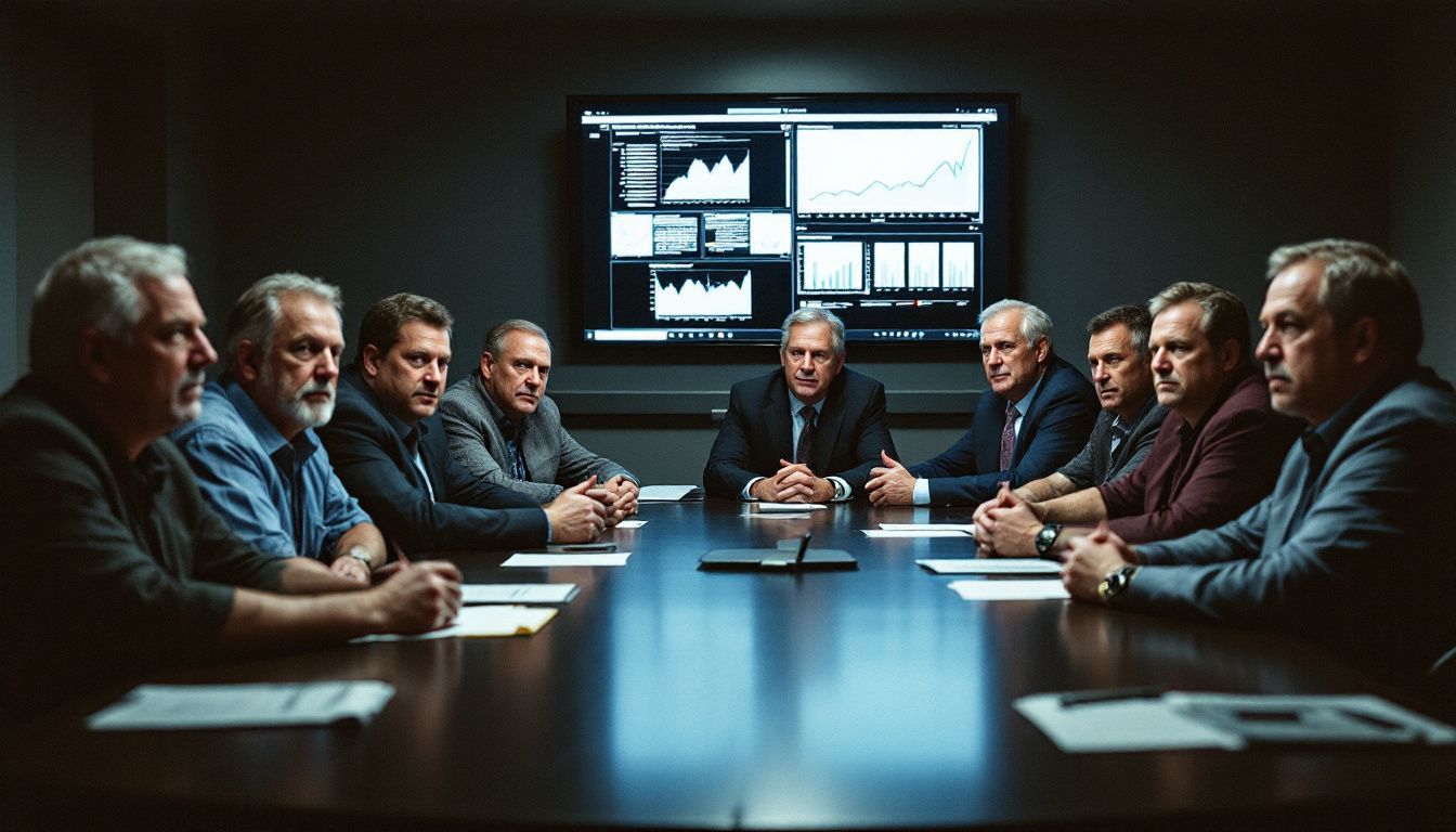 NFL team owners in a serious boardroom discussion about team strategies.