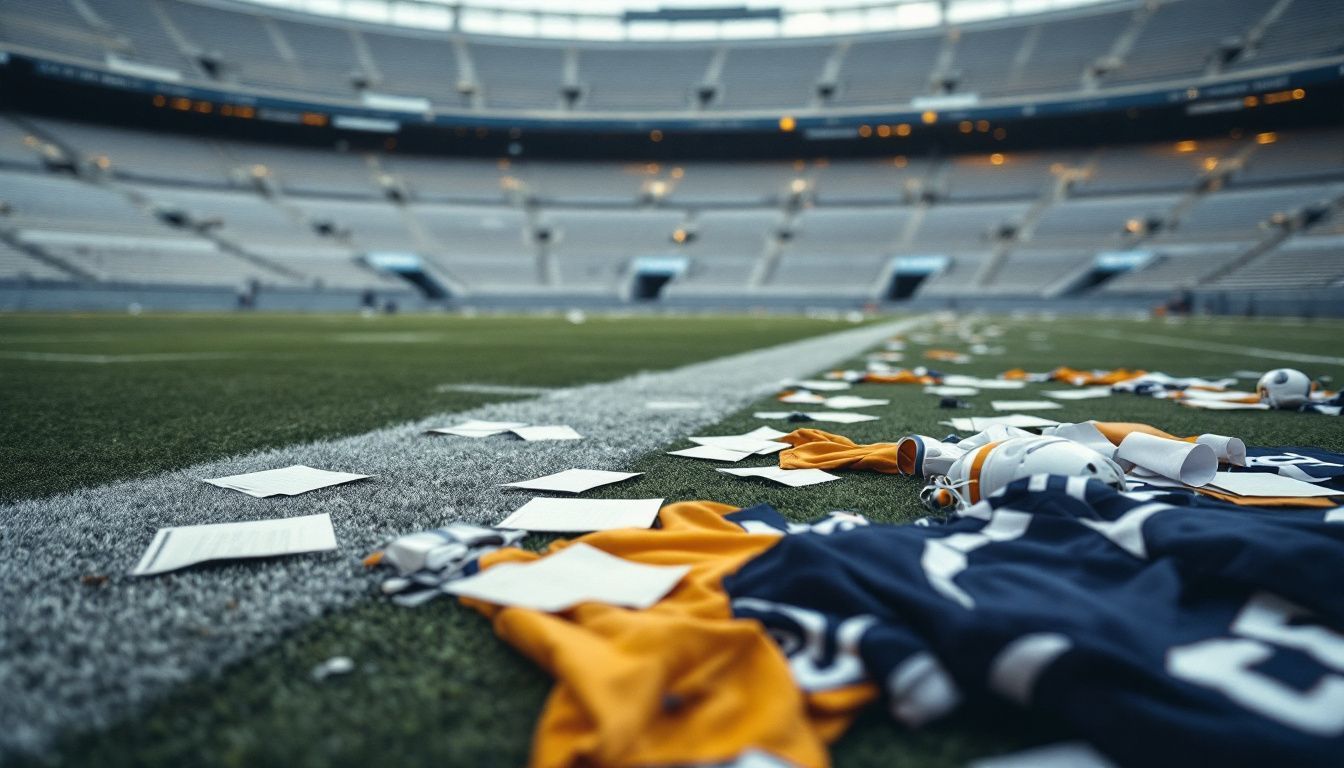 An empty football stadium with scattered player recruitment papers and equipment.