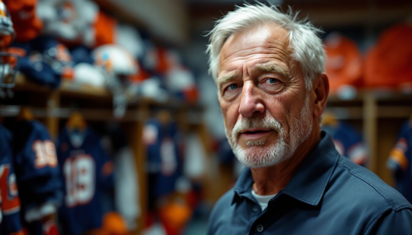 A middle-aged man discusses the team's mission in a football locker room.