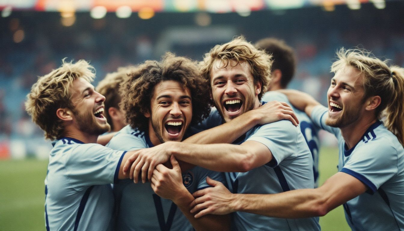 A group of athletes celebrating victory with cheers and hugs.